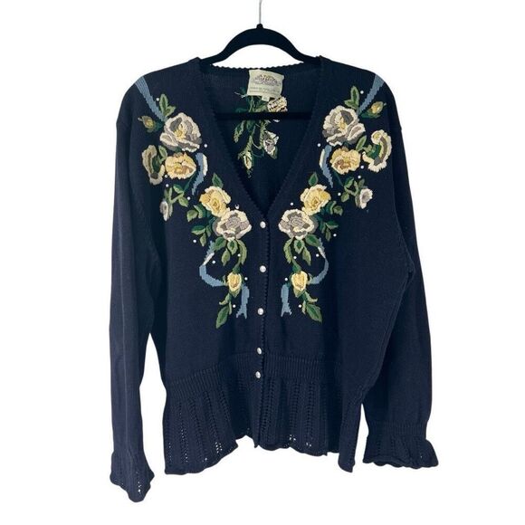 Vintage Susan Bristol Navy Blue Rose Crochet Hem Cardigan Hand Embroidered XL‎ - Picture 1 of 10